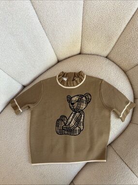 Burberry Khaki Short-Sleeve Knit Top with Plaid Teddy